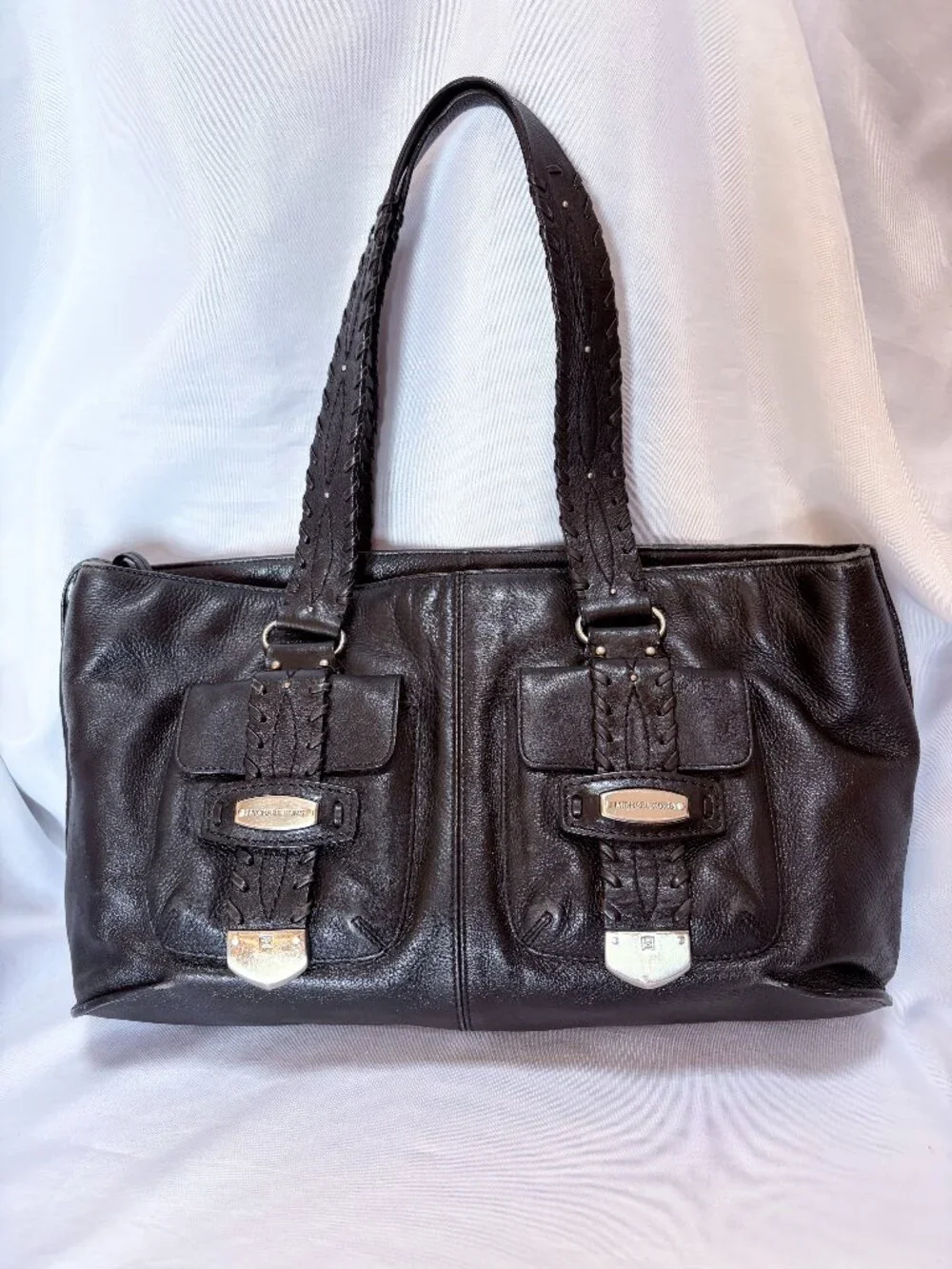 Michael Kors Leather Tote Bag Stitch Detail Top Handle Black Vintage Large